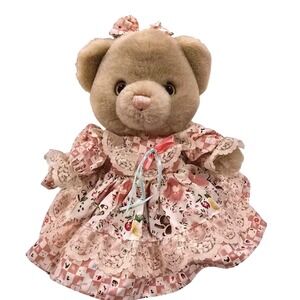 VTG 90s MTY International Teddy Bear Plush 10" Victorian Pink Floral Lace Dress
